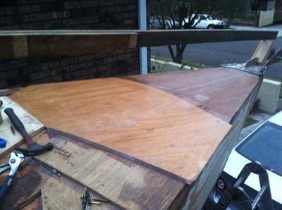 Foredeck three layers of marine ply laid diagonally Foredeck three layers of marine ply laid diagonally