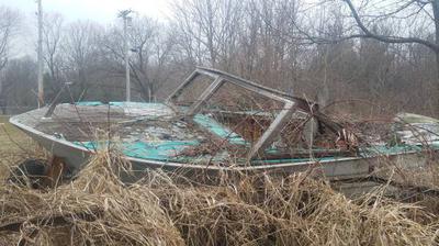 1965 Cruiser Wood boat project film prop desolate world parts setting Vintage Old Trailer. for sale