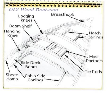 deck beams and carlines in classic wooden boat construction.
